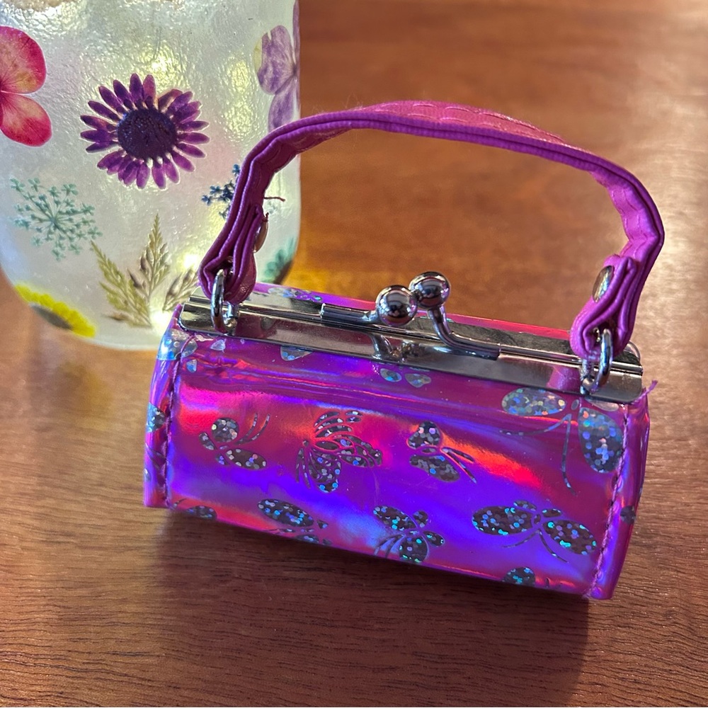 Tic Tok Lipstick Coin Mini Purse Pink Handle Silver Butterflies Clasp Closure 4”